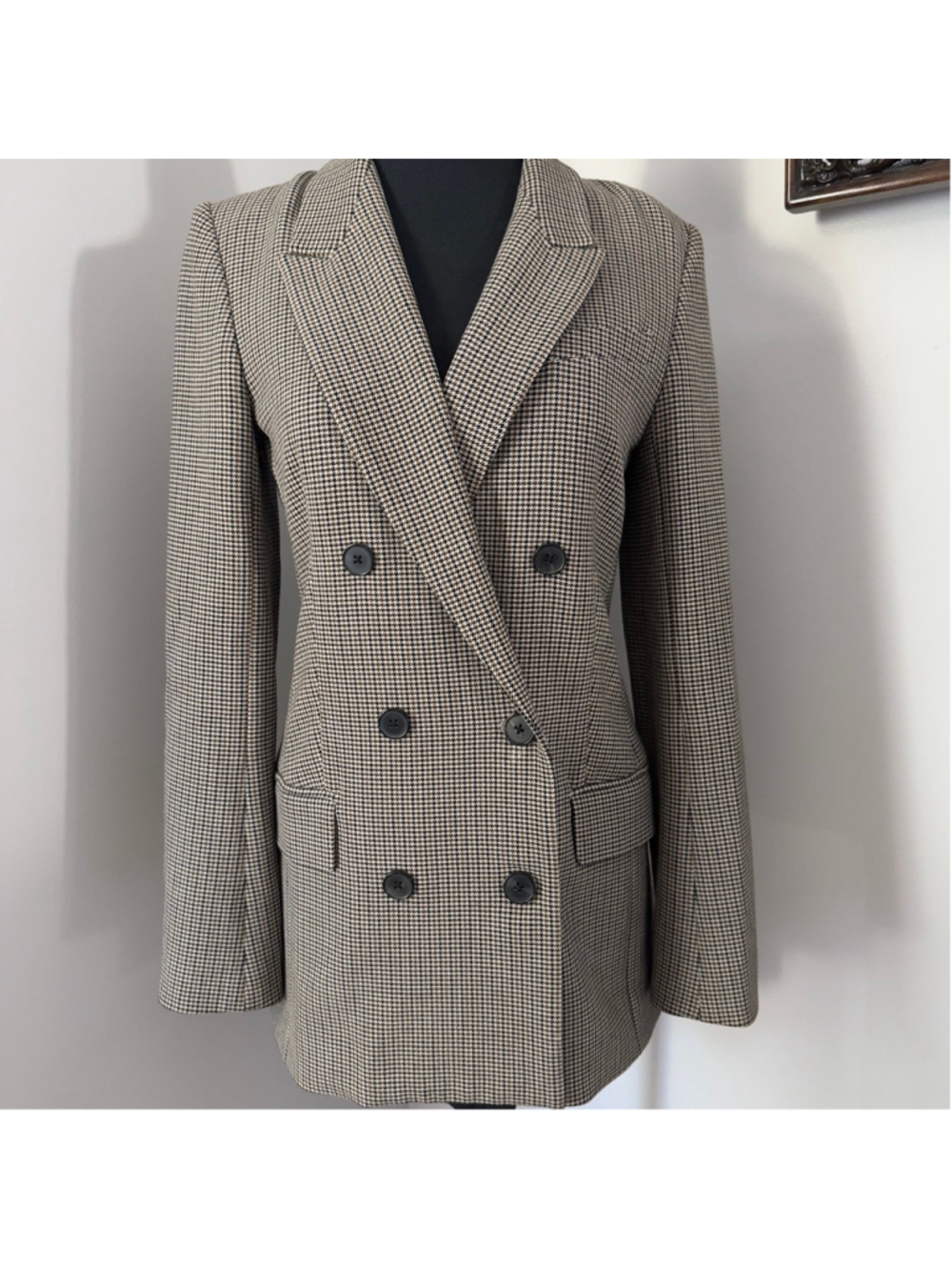 Women's Babaton Beige Black Houndstooth Double-Breasted Blazer Size 2
